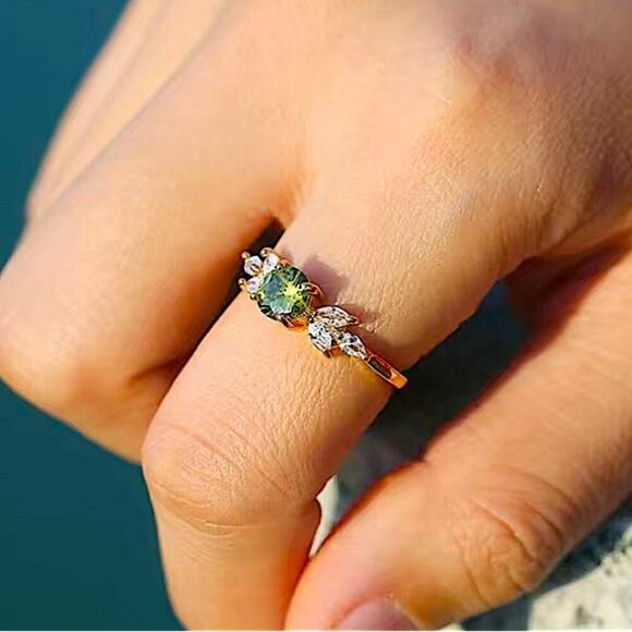 Gold Peridot Zircon Ring Minimalist, Dainty Diamond - Picture 4 of 4